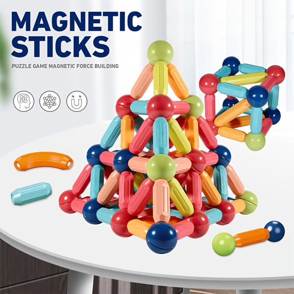 62-Piece Magnetic Stick and Ball Building Set with Multicolor Curved Rods and Round Connectors