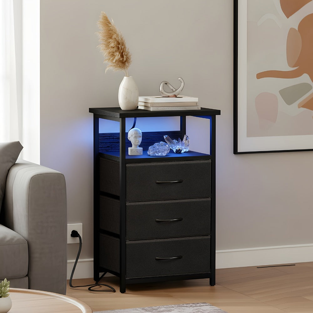 Nightstand Three Fabric Drawers with Charging Station, Open Shelf and Optional LED Configuration