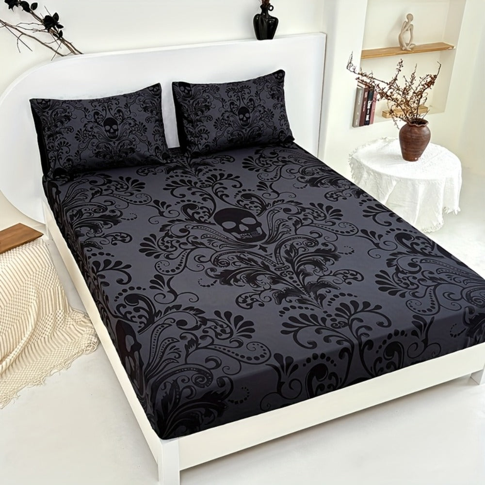 Gothic Skull Fitted Sheet Set 3-Piece – Victorian Baroque Halloween Bedding | 1 Deep Pocket Fitted Sheet + 2 Pillowcases | Machine Washable Hypoallergenic Polyester | Twin Full Queen King