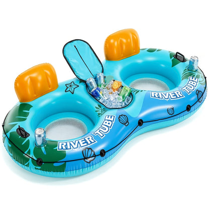 Pool Float Double Ring Raft for Two with Detachable Cooler, Two Cup Holders and Inflatable Backrests
