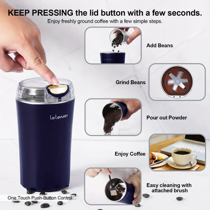 Electric Coffee Grinder 200W | Quiet Spice Grinder | 80g Large Capacity 12 Cups | 304 Stainless Steel Blade | One-Touch Operation | Grinds Coffee Beans Spices Nuts Grain | Blue Black