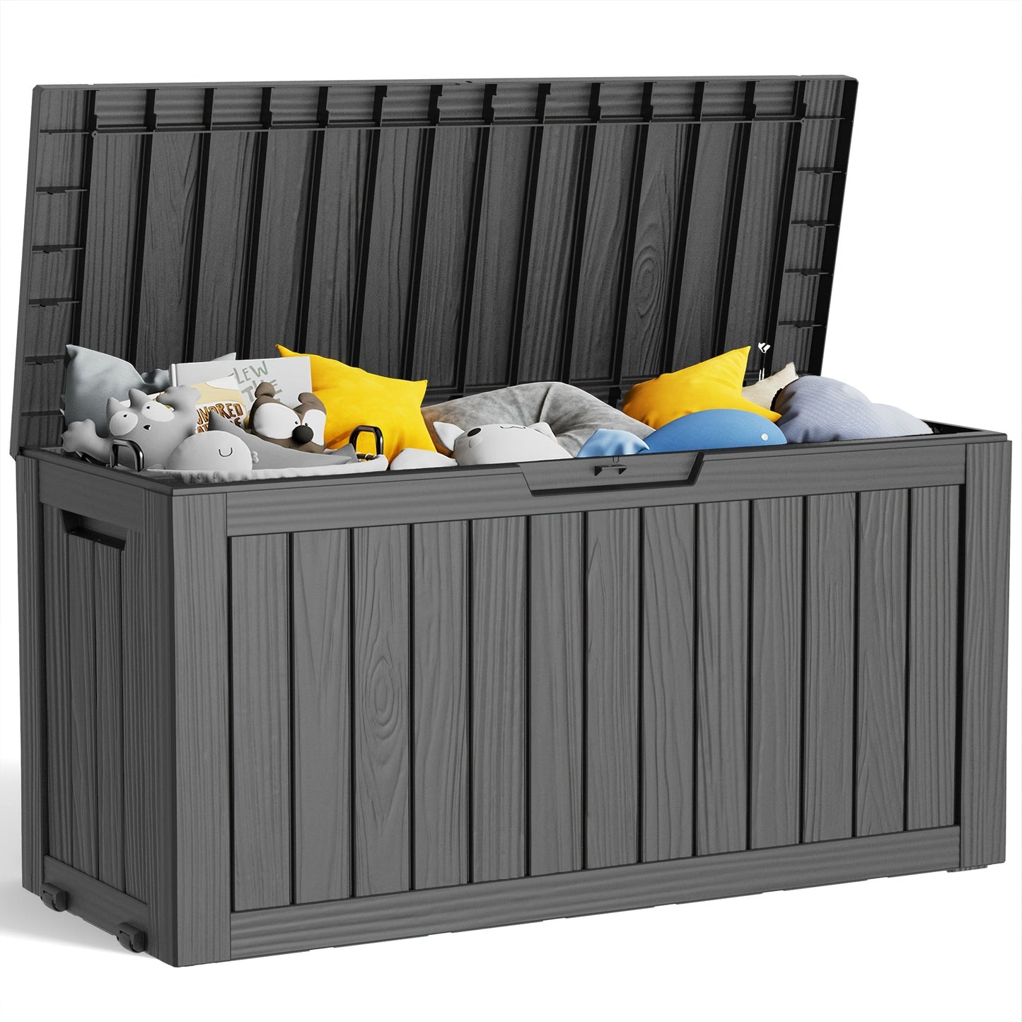 75-Gallon Outdoor Storage Deck Box with Hinged Lid, Side Grips, Small Wheels and Two Color Options