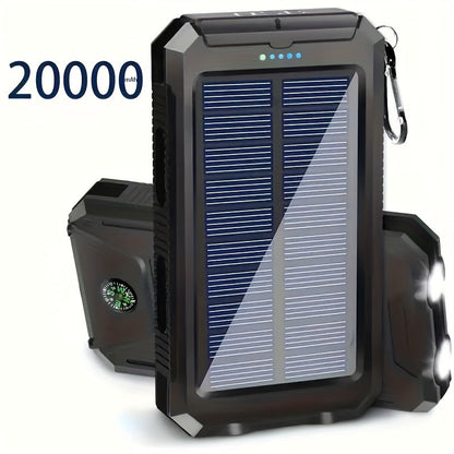 Solar Power Bank, 20000mAh Dual-USB Charger with Solar Panel, LED Flashlight, Compass and Five Color Options