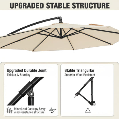 Patio Umbrella 10FT Cantilever Hanging Style with Crank, Push Tilt and Variant-Specific Cross Base