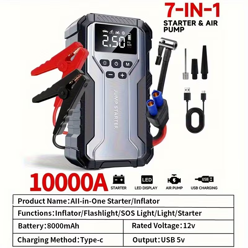 10000A Car Jump Starter with 12V Clamps, LED Light and Optional Integrated Air Pump in Red, Green or Gray