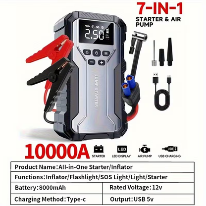 10000A Car Jump Starter with 12V Clamps, LED Light and Optional Integrated Air Pump in Red, Green or Gray