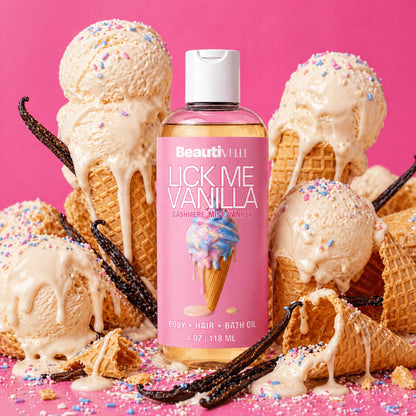 Cashmere Mist Vanilla Body Oil in a 4 oz Flip-Top Bottle with Amber, Sandalwood and Vanilla Notes