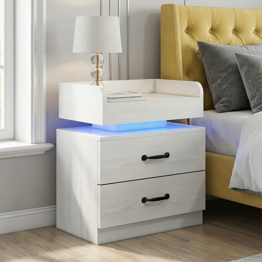 Nightstand Tray-Top Two-Drawer Bedside Table with Charging Station, LED Light and Black or White Finish