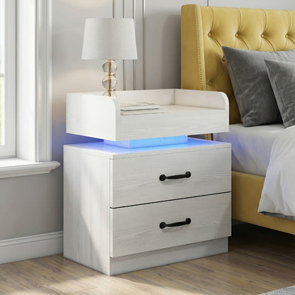 Nightstand Tray-Top Two-Drawer Bedside Table with Charging Station, LED Light and Black or White Finish