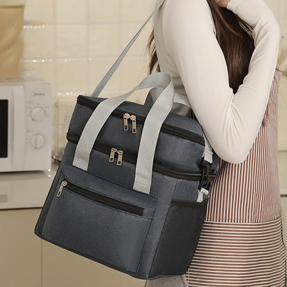 Insulated Lunch Bag Large Double Layer Leakproof Cooler Tote Bag with Adjustable Crossbody Strap for Men Women Office Picnic Travel Camping in Black Grey Burgundy Blue