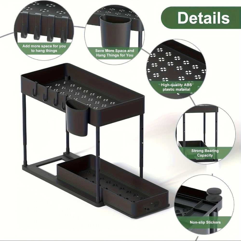 Two-Tier Under-Sink Organizer with Lower Sliding Basket, Four Removable Hooks and One Hanging Cup