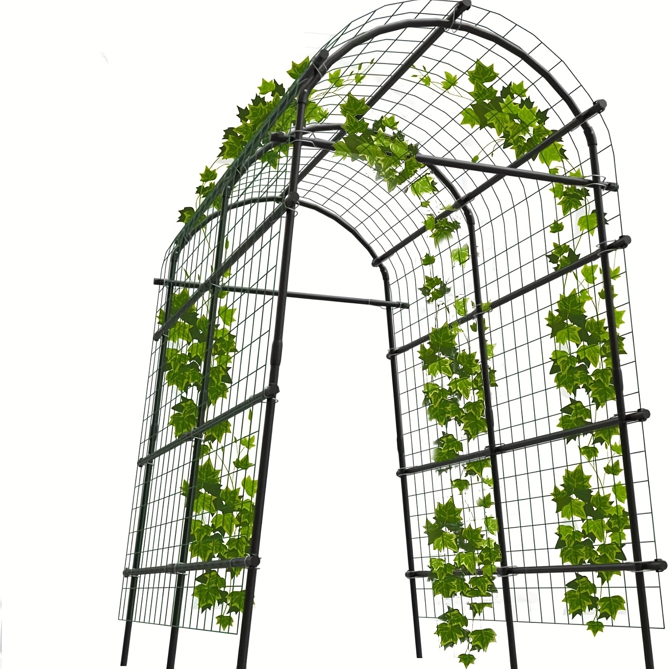 7.5-Foot Garden Arch Trellis with Metal Grid Panels, Seven Horizontal Pipes and Black Frame