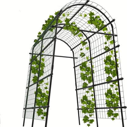 7.5-Foot Garden Arch Trellis with Metal Grid Panels, Seven Horizontal Pipes and Black Frame