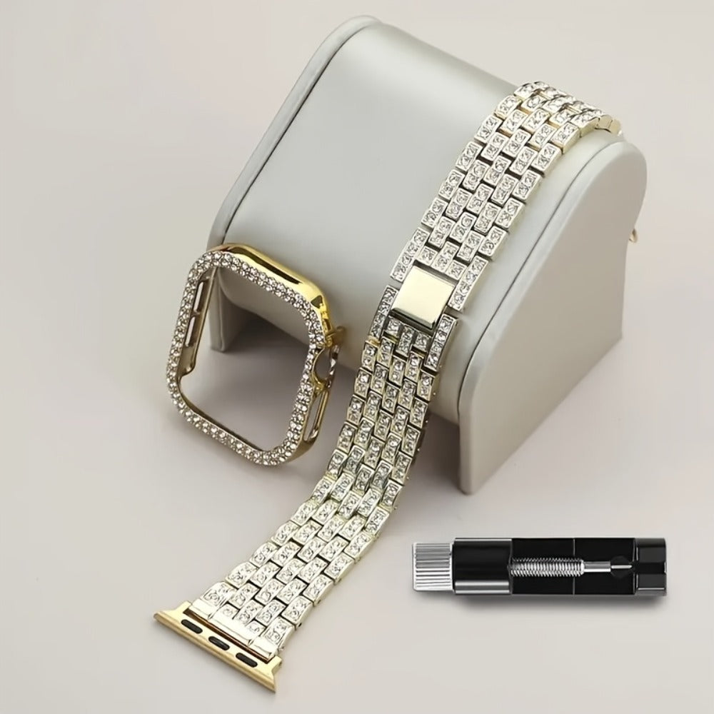 Rhinestone Diamond Bling Apple Watch Band for Women Girls – Five-Point Diamond Double-Row Crystal Strap Compatible with Apple Watch Ultra 2 Series 10 9 8 7 6 5 4 3 2 1 SE 38 40 41 42 44 45 49mm Gift