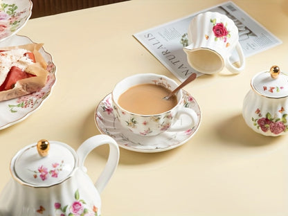 Floral Porcelain-Style Tea Service Set for Six in Five Coral, Peach, Rose, Peony or Spring Designs