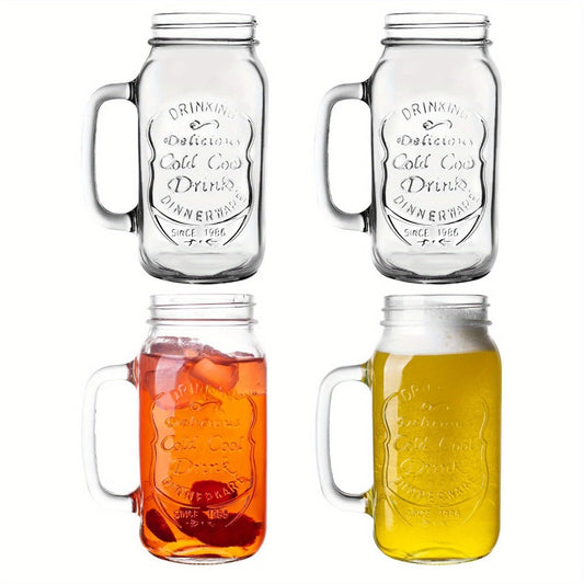 24oz Mason Jar Drinking Glasses with Handle 4 Pack – Party Beverage Cups, Dishwasher Safe Glass Mugs