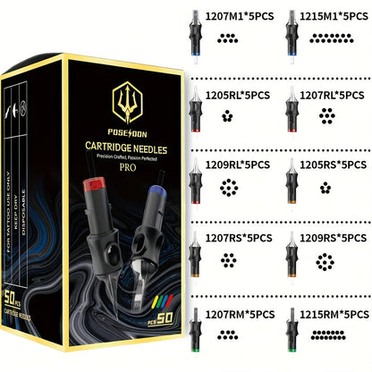 Tattoo Cartridge Needles 50pcs Mixed Size – POSEIDON V5 Disposable Round Liner, Shader & Curved Needles (5RL 7RL 9RL 5RS 7RS 9RS 7RM 7M1 15M1 15RM) with Safety Membrane