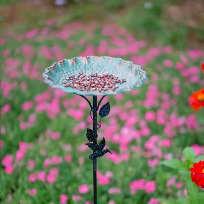 Green Sculpted Lotus-Leaf Bird Bath with 26 cm Bowl, 82 cm Ground Stake and Decorative Bird Perch