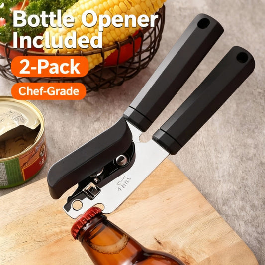 Can Opener 3-in-1 Stainless Steel Manual Can Opener with Smooth Edge Bottle Opener Ergonomic Handle Heavy Duty Kitchen Tool Universal Fit Home Cook Chef Gift 2 Pack