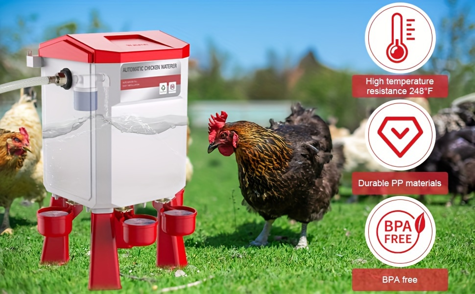 Hose-Connected Automatic Poultry Waterer with Float Valve, Four Cups and Red or Teal Color Options
