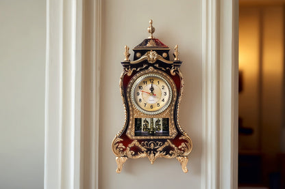 Ornate Brown-Red Tabletop Alarm Clock with Analog Dial, Decorative Pendulum Window and 14-Inch Height
