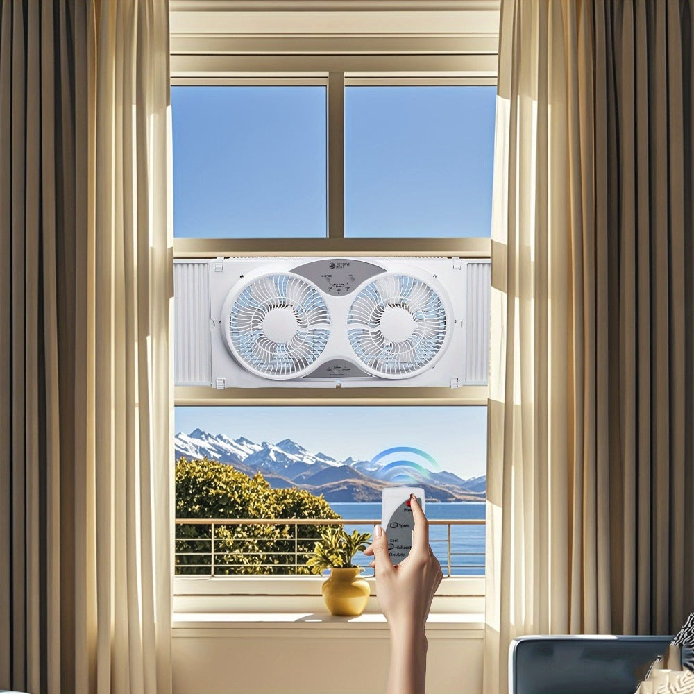 Window Fan Twin 9-Inch with Remote Control, Reversible Airflow Blades In/Out Exchange, 3 Speed Settings, Built-In Extender Panels, Quiet Digital Window Fan for Bedroom Home Office, White