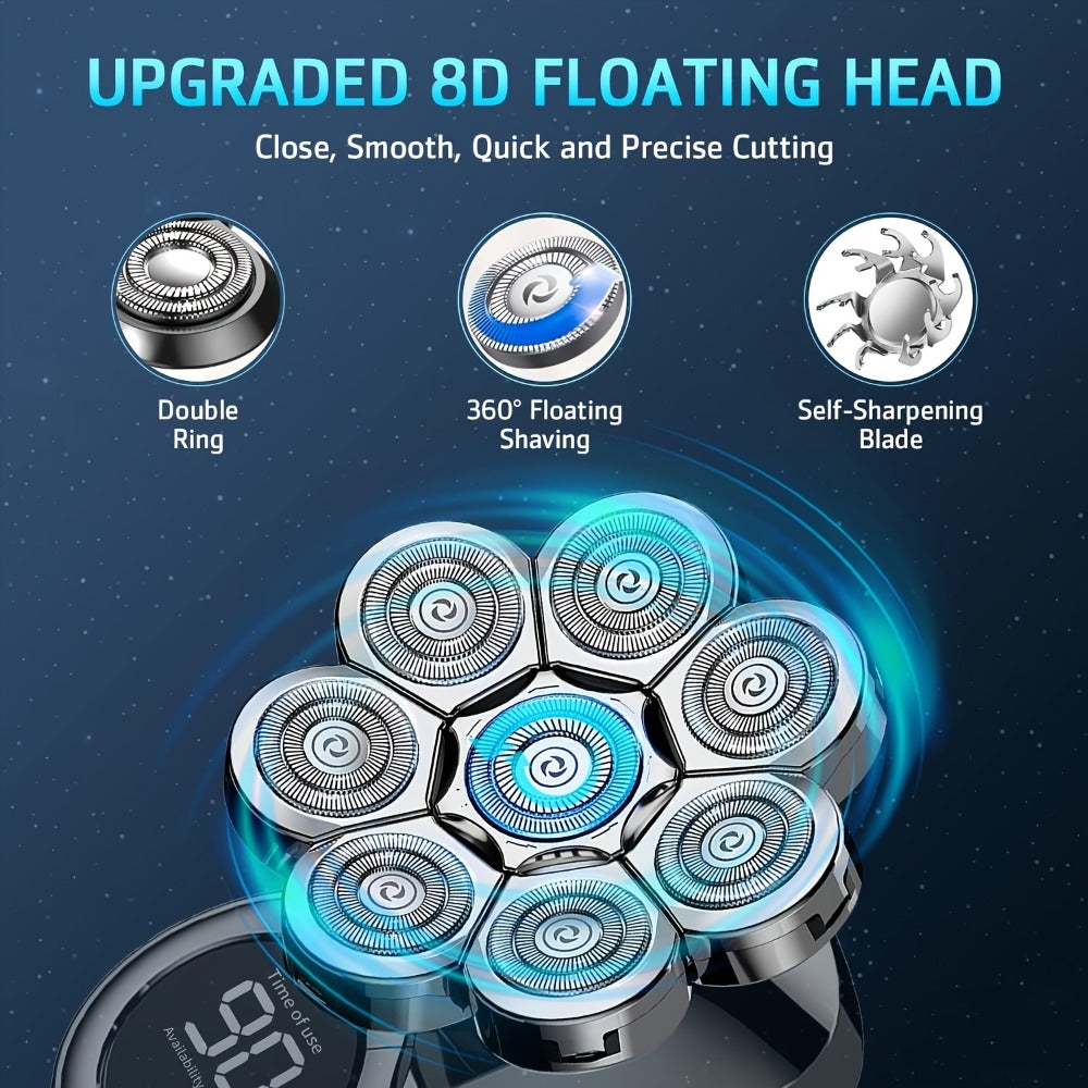 Bald Head Shaver for Men 5-in-1 8D Electric Razor — Multi-Directional Floating Blades with Beard Grooming Kit, Rechargeable Cordless Men's Grooming Set, Smooth Close Shave, Gift for Him (Silver / 9D Options)