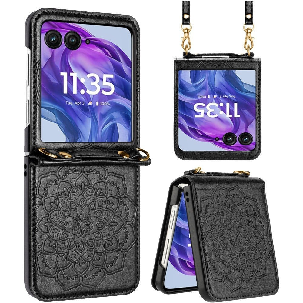 Phone Case Floral PU Leather Cover with Detachable Crossbody Lanyard for Motorola Razr and Razr Plus 2024