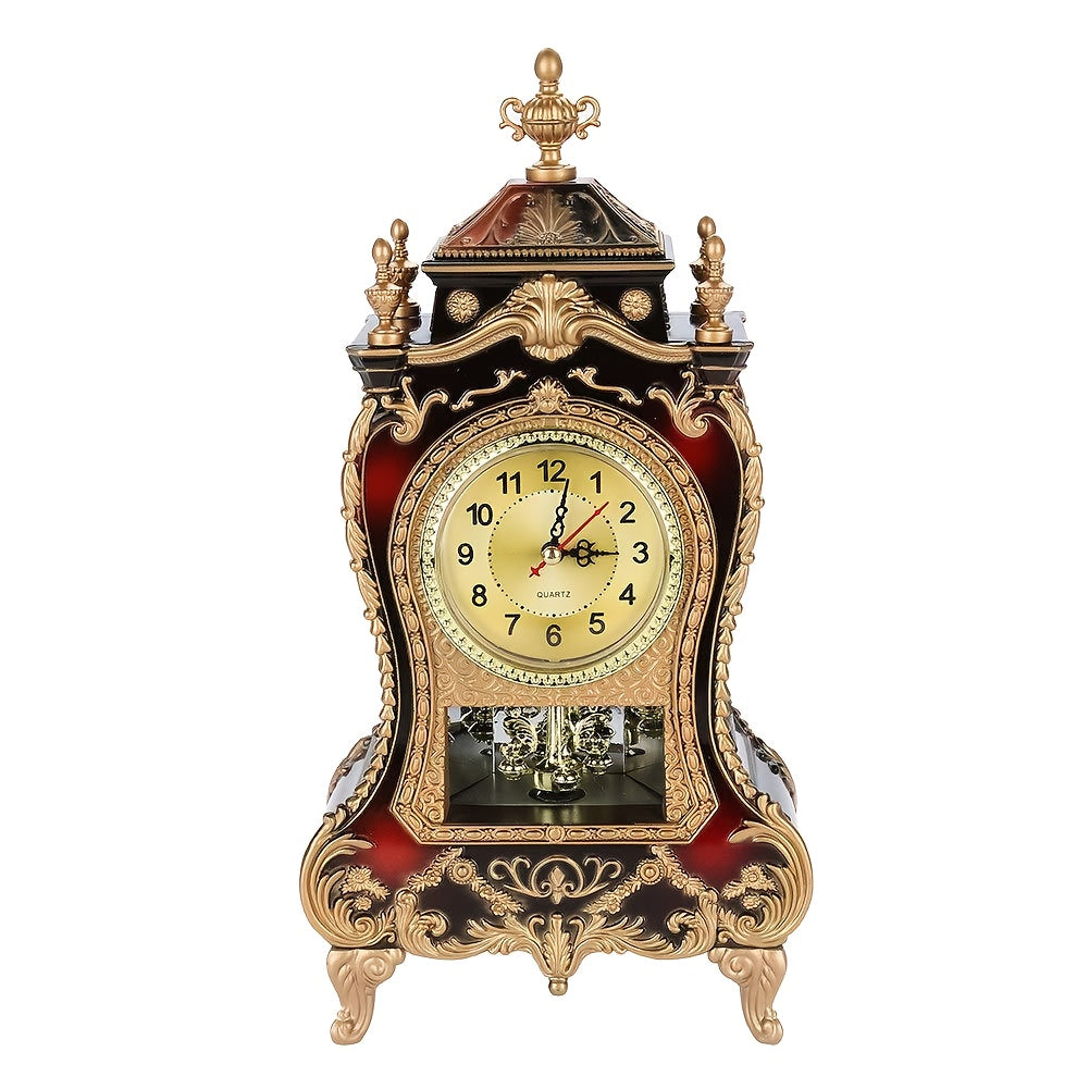 Ornate Brown-Red Tabletop Alarm Clock with Analog Dial, Decorative Pendulum Window and 14-Inch Height