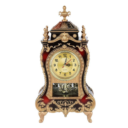 Ornate Brown-Red Tabletop Alarm Clock with Analog Dial, Decorative Pendulum Window and 14-Inch Height