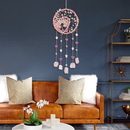 Round Beaded Wall Hanging Decor in Purple, Pink or Green with Heart Charms and Five Hanging Strands