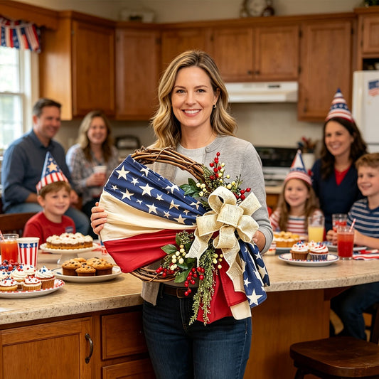 Patriotic 4th of July Door Wreath – Red White & Blue American Flag Wreath with Burlap Bow for Independence Day, Memorial Day & Patriotic Home, Porch & Office Decor