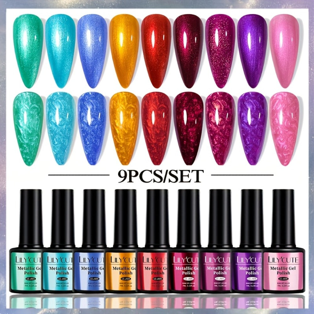 Gel Nail Polish Set with LILYCUTE Label, 9 Metallic Glitter Red and Purple Colors, 0.24oz Each