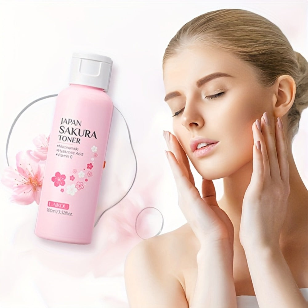 Hyaluronic Acid Sakura Skincare Set 30pcs Gentle Cleansing Deep Moisturizing Hydrating Facial Eye Care with Cleansing Brush Hairband Luxury Gift for Women