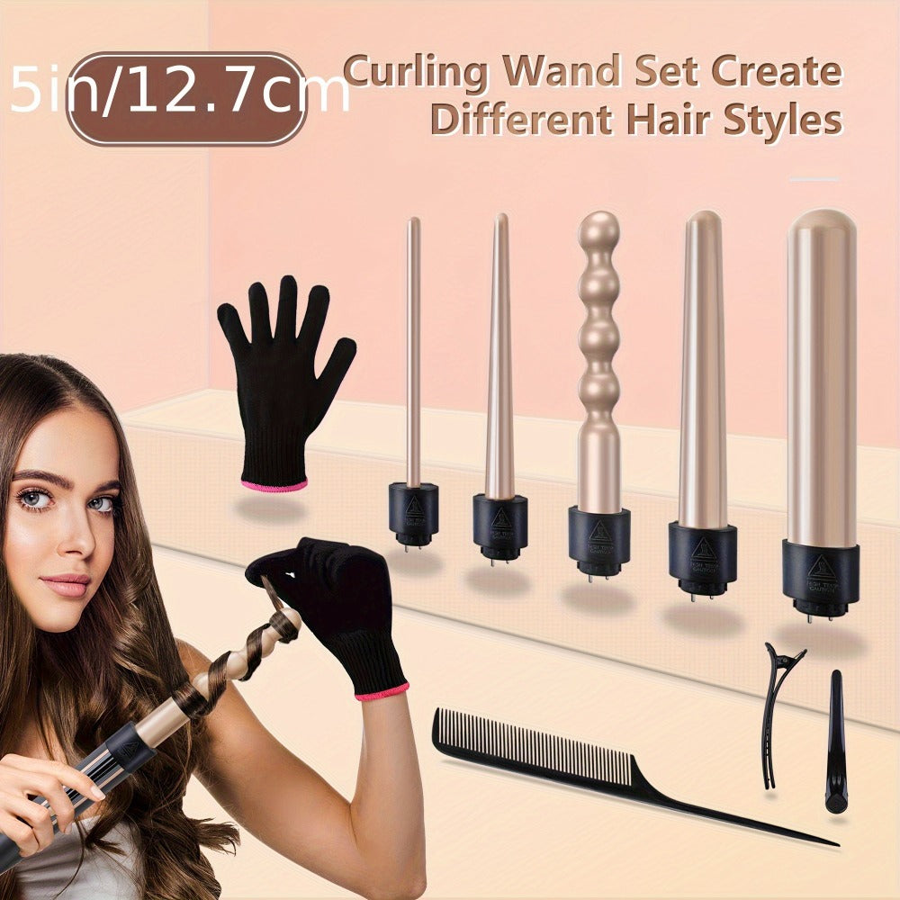 5-in-1 Curling Wand Set Ceramic Interchangeable Barrels 0.4-1.25 Inch - 30s Fast Heat Dual Voltage Auto Shut-Off Hair Curler Iron with Heat Glove for Women Long Short Hair