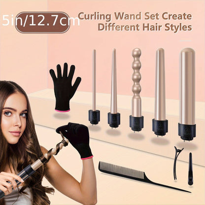 5-in-1 Curling Wand Set Ceramic Interchangeable Barrels 0.4-1.25 Inch - 30s Fast Heat Dual Voltage Auto Shut-Off Hair Curler Iron with Heat Glove for Women Long Short Hair