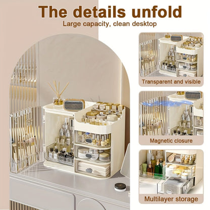 Three-Drawer Makeup Organizer with Mirror in Transparent Black or Cream White Large Checkout Options