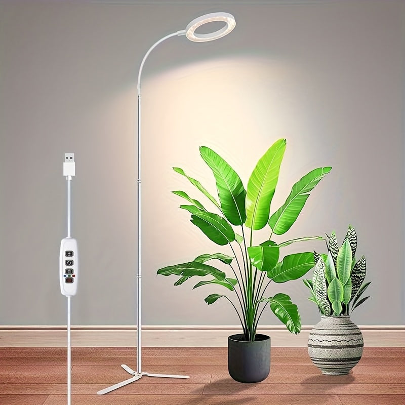 Telescopic Ring LED Plant Lamp with Flexible Gooseneck, 10-65in Pole and Black or White Options