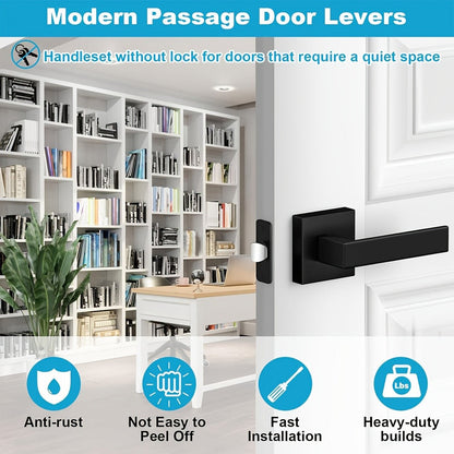 Matte Black Square Door Handle Set – Interior Passage Door Knob for Hall & Closet, Heavy-Duty Left & Right Hand Compatible, Modern Hardware