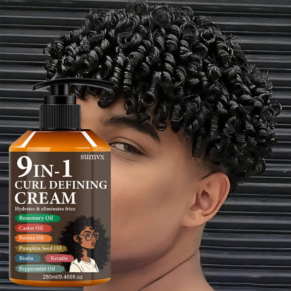 280ml 9-in-1 Curl Defining Cream in Pump Bottle with Pictured Botanical Ingredient Blend for Wavy Hair