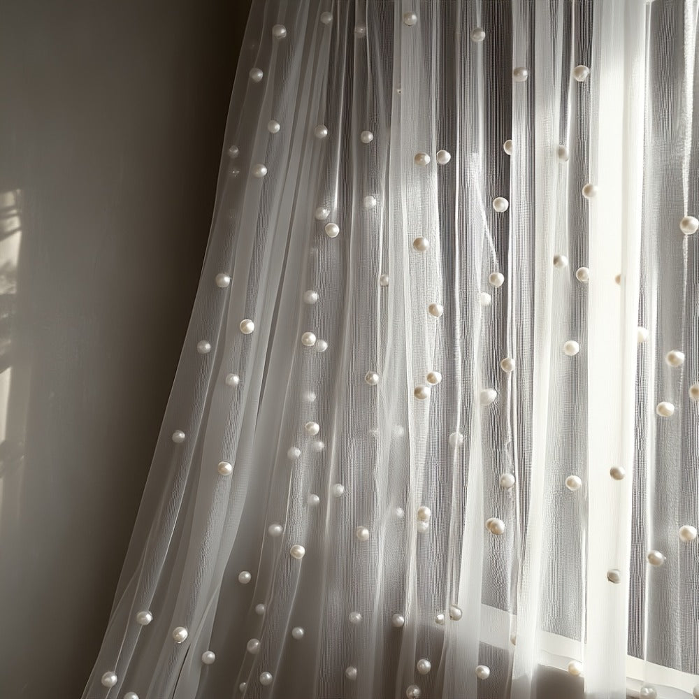 White Pearl-Embellished Sheer Tulle Fabric Roll in 160 x 300 cm Size for Backdrops and Table Decor