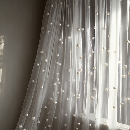 White Pearl-Embellished Sheer Tulle Fabric Roll in 160 x 300 cm Size for Backdrops and Table Decor