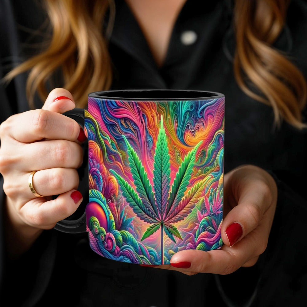 11oz Ceramic Coffee Mug with Psychedelic Leaf Print, Black Interior and Coordinating Black Handle