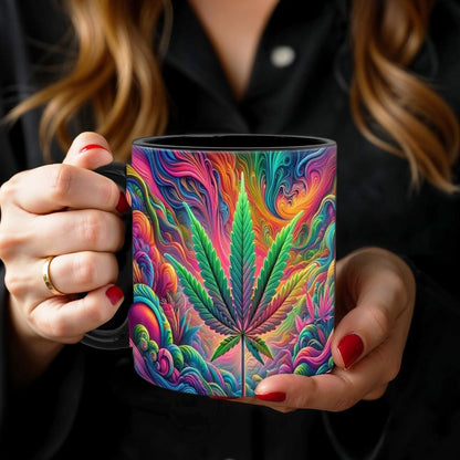 11oz Ceramic Coffee Mug with Psychedelic Leaf Print, Black Interior and Coordinating Black Handle