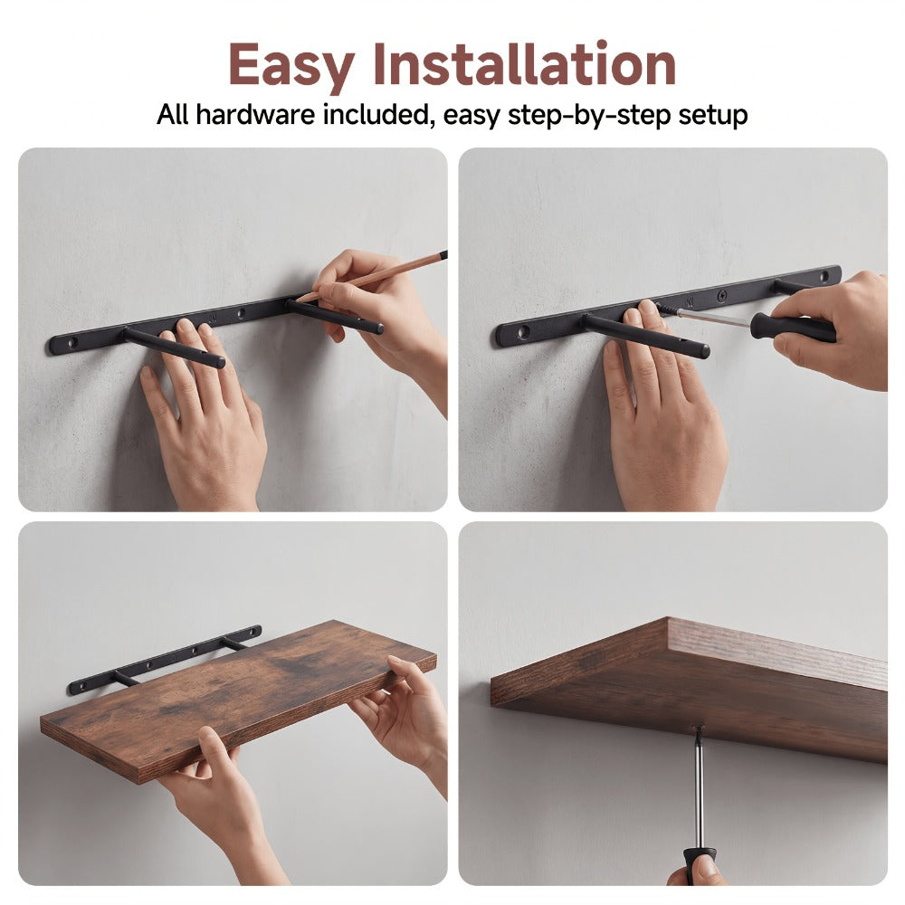 Floating Shelves for Wall 4pcs 15.8in – Wall Mounted Shelf with Invisible Bracket for Bathroom, Living Room, Bedroom, Kitchen, Office Decor | Brown, White, Black