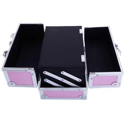 Tabletop Makeup Carry Case with Mirror, Fold-Out Trays and Dividers in Black, Silver or Pink