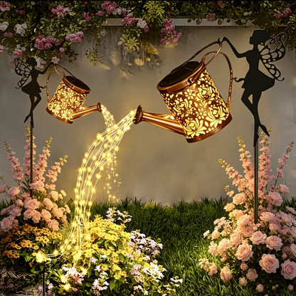 Solar Garden Lights 2-Piece Watering Can Waterfall String Lights, IP65 with Ground Stakes Set