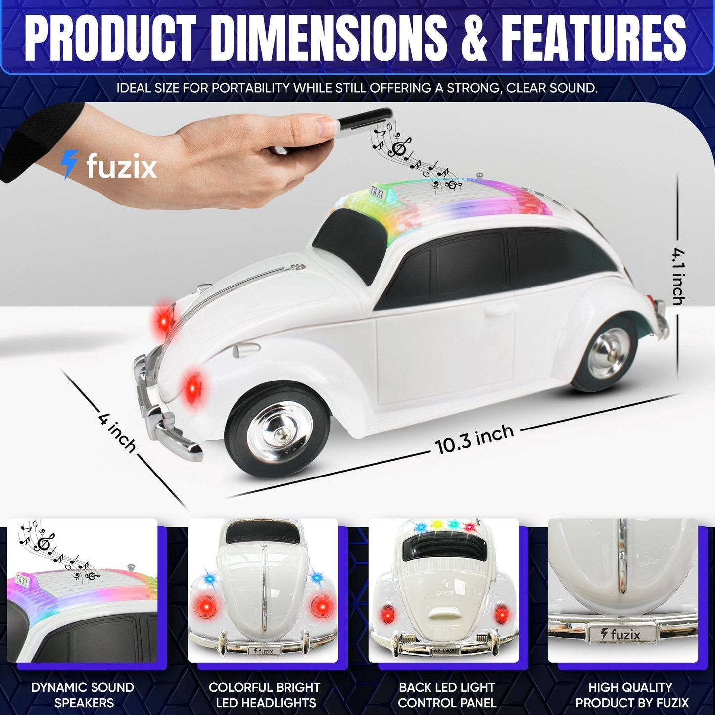 Fuzix WS-1958 Vintage Car Bluetooth Speaker with LED Headlights & Taillights | Retro Wireless Stereo, FM Radio, AUX/USB/TF, Built-in Mic, Rechargeable – Novelty Gift for Car Enthusiasts & Music Lovers