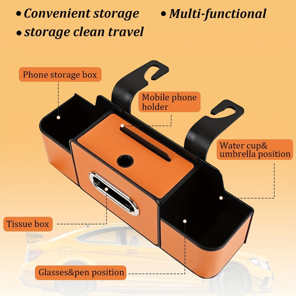 Car Backseat Organizer with Dual Cup Holders, Tissue Box & Hooks – Multi-Function Back Seat Storage for SUV, Sedan & Minivan | Brown, Orange, Black, Cream