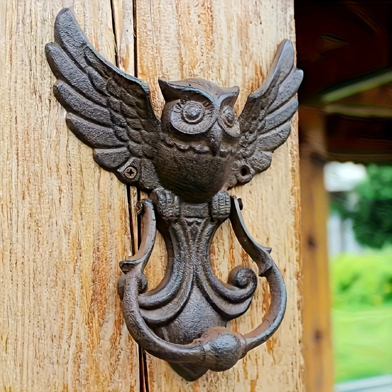 Winged Owl Door Knocker with Pictured 8.86-Inch Height, Ring Handle and Rustic Dark Finish